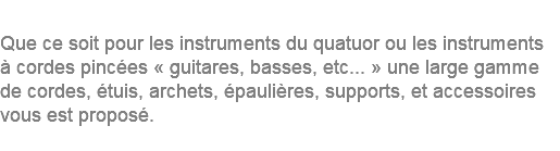 &nbsp;Que ce soit pour les instruments du quatuor ou les instruments à cordes pincées « guitares, basses, etc... » une large gamme de cordes, étuis, archets, épaulières, supports, et accessoires vous est proposé.
